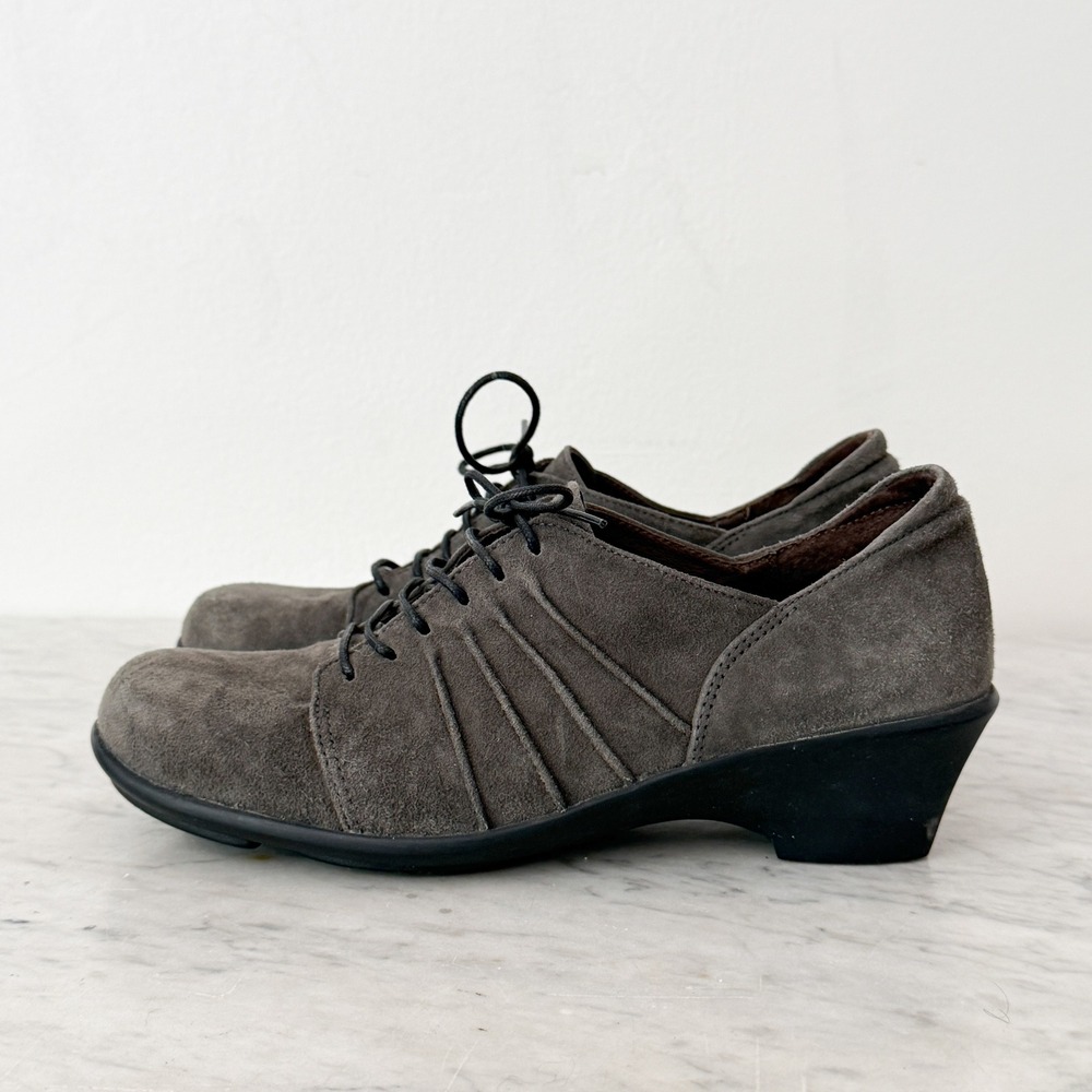 Wolky Oxford Shoes 38 Grey‎ Pleated Lace Up Low Wedge Comfort Suede